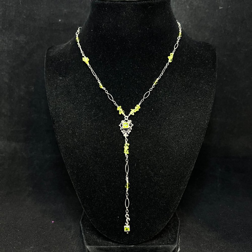 Barse Sterling Silver W/Green Rhinestones And Beads Lariat Necklace 18" (3699)